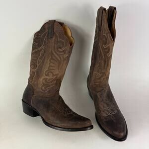 J.B. Dillon Western Boots Men's 8.5 Brown Leather Embroidered Mid-Calf Cowboy